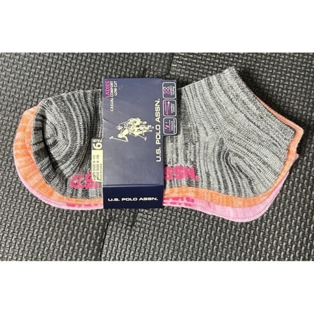 US‎ Polo Assn Womens 6 Pair Low Cut Socks Grey Pink Orange Space Dye Size 9-11